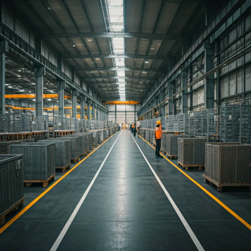 Modern industrial factory floor with workers in safety gear